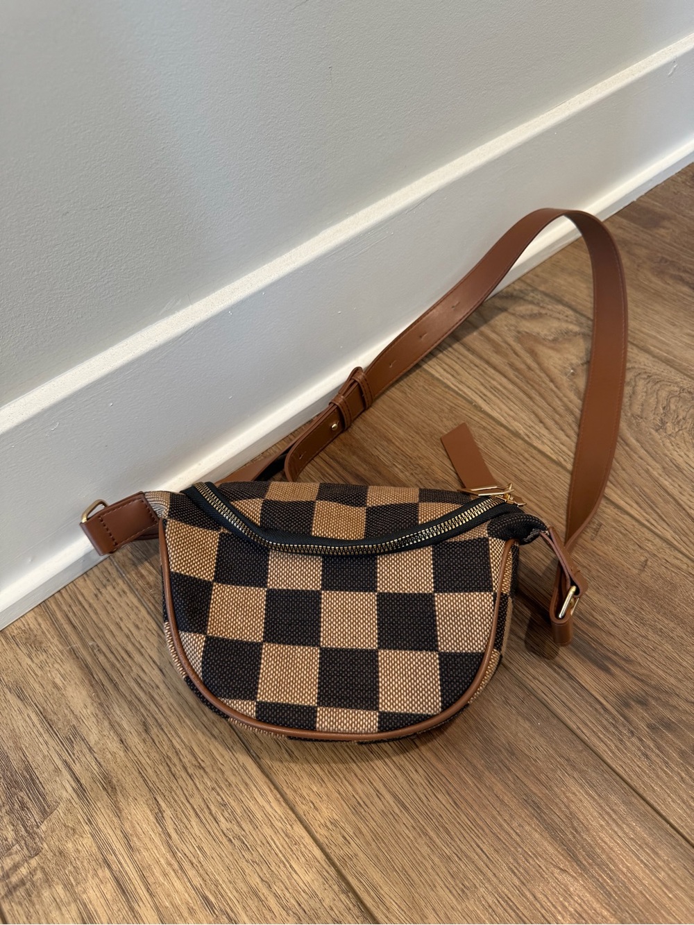 Brown Checkered Crossbody Belt Bag